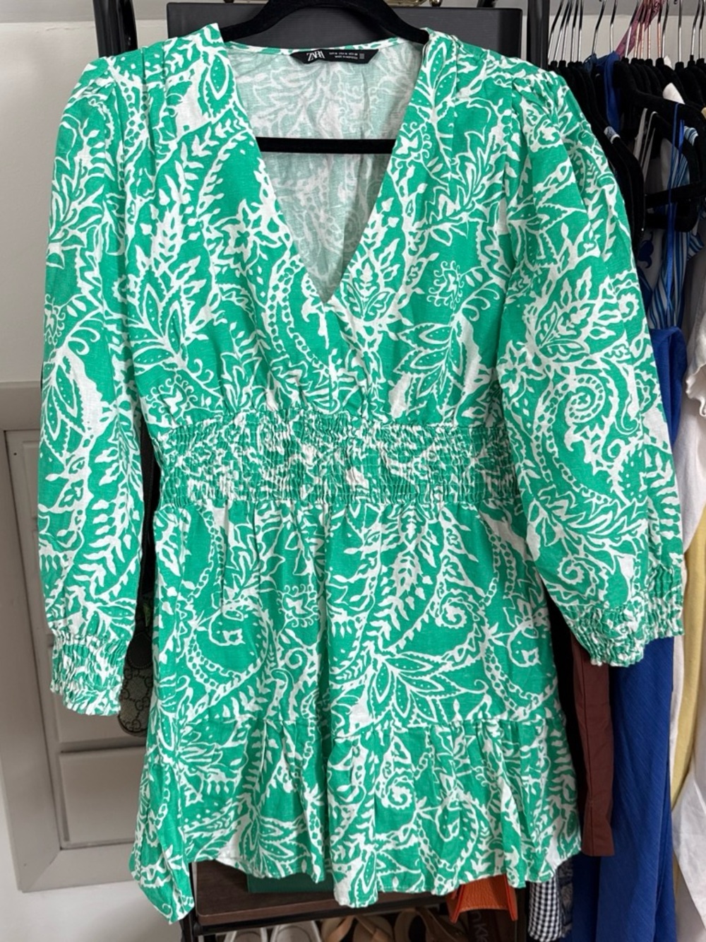 ZARA Green and White Paisley V-Neck Smocked Mini Dress